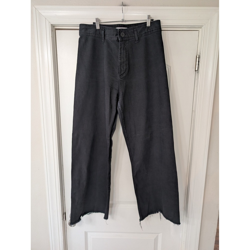 Zara Womens Black High Rise‎ Wide Leg Jeans Raw Hem Size 14 modern edgy street